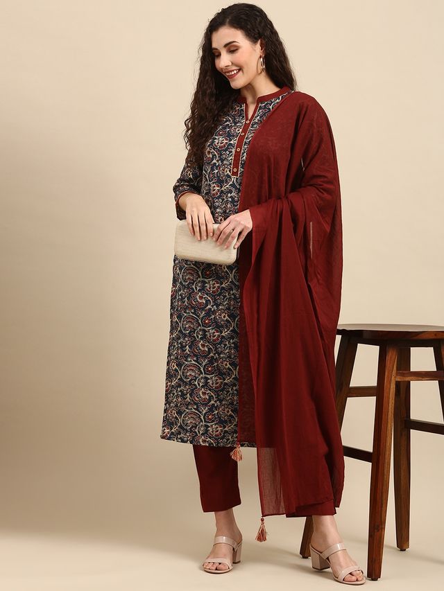 Janasya Women's Teal Blue Pure Cotton Floral Printed Kurta with Pant and Dupatta | XL