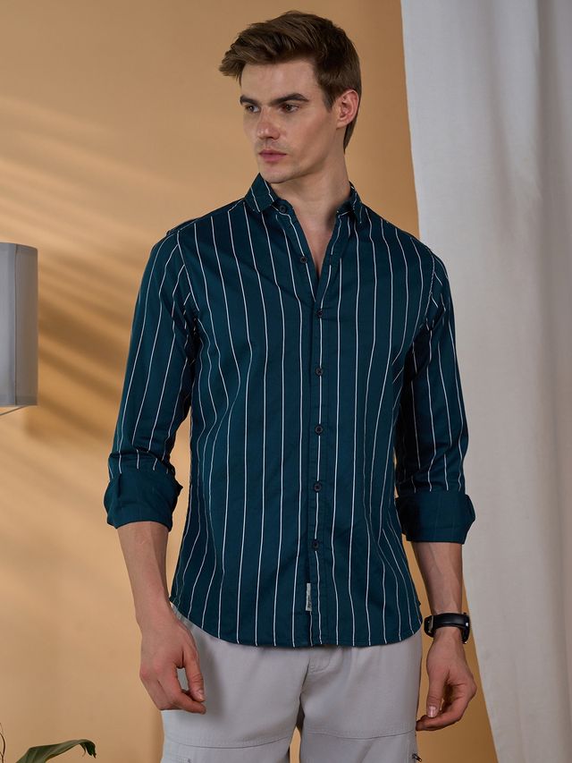 Dennis Lingo Men's Striped Slim Fit Casual Full Sleeve Shirt | Turquoise | S