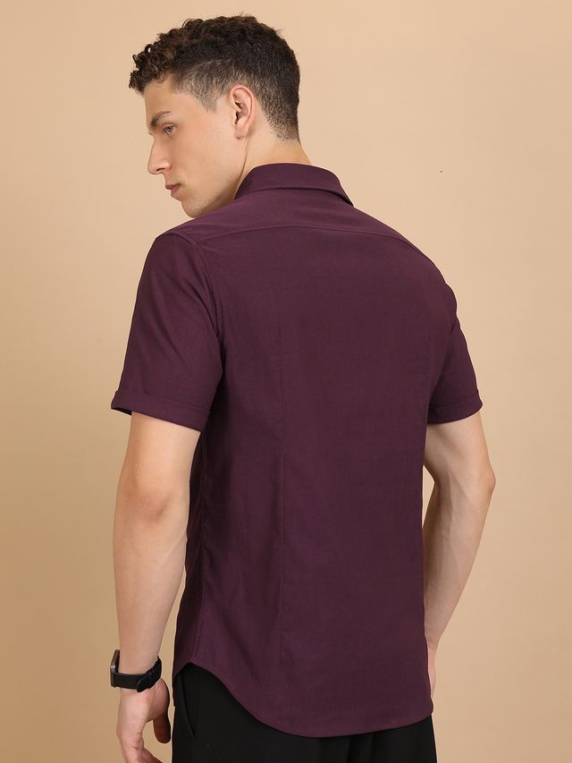 Ketch Men Solid Slim Fit Spread Collar Short Sleeves Casual Shirt | Maroon | S