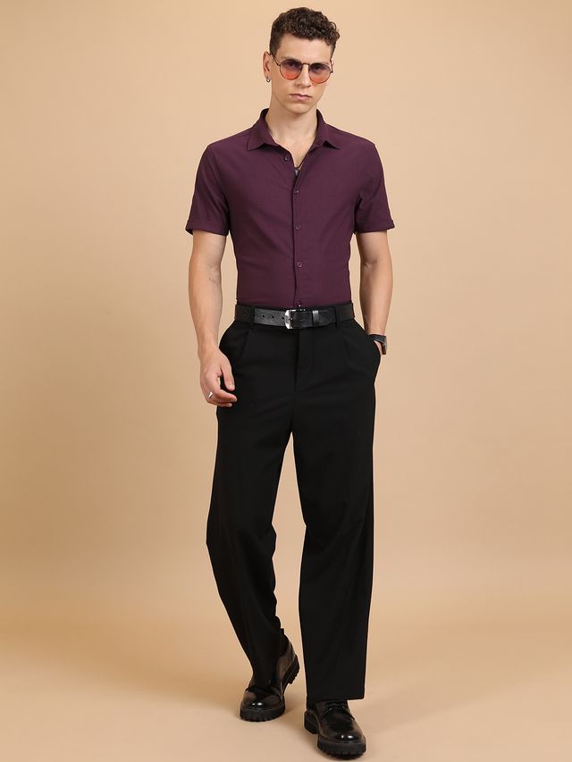 Ketch Men Solid Slim Fit Spread Collar Short Sleeves Casual Shirt | Maroon | S