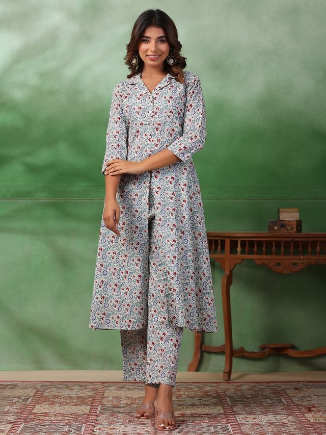 Rangdeep Floral Printed Regular Pure Cotton Kurta With Trousers | Women | Off White | XXL