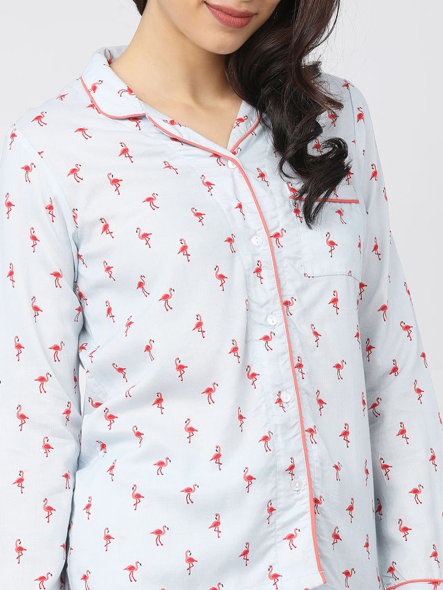 Tokyo Talkies Women's Printed Sleep Shirt | Coral and Blue - M