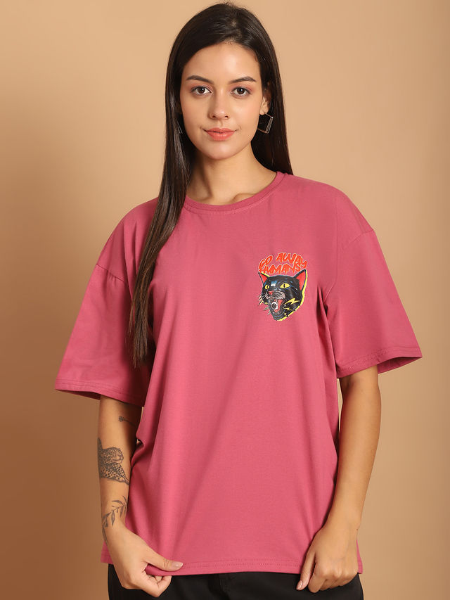 Fabflee Women Oversize Cotton Printed Round Neck Tshirt | Pink | FAB-OS-502 | L