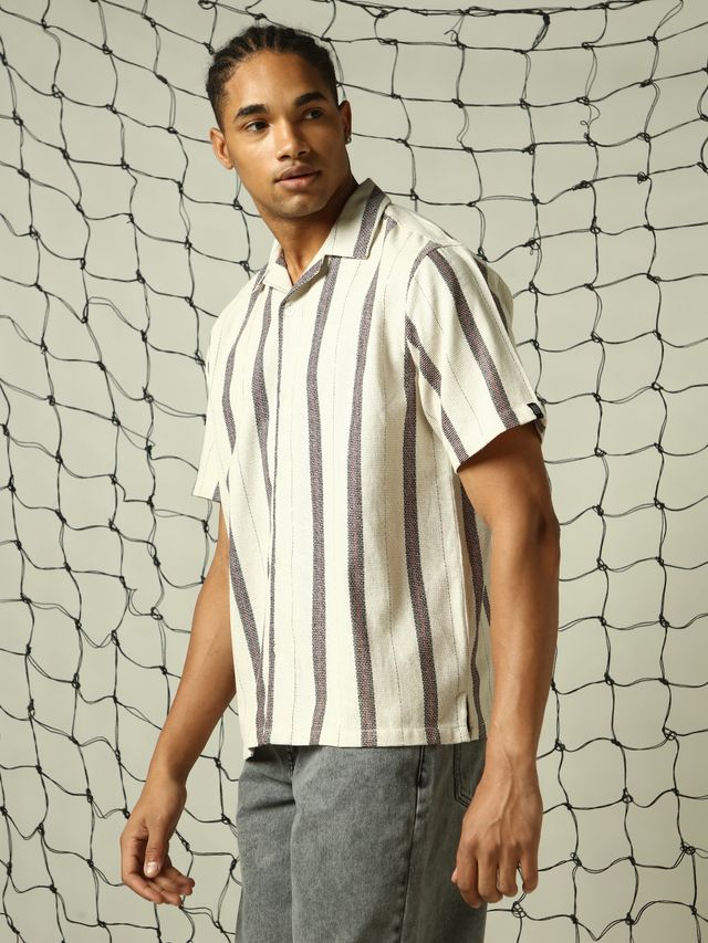 Hubberholme Men's Spread Collar Vertical Striped Cotton Oversized Casual Shirt | White - 44