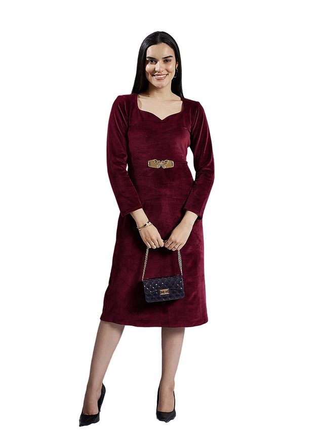 Athena Women's Sweetheart Neck Embellished Detailed A-Line Midi Dress | Maroon - L