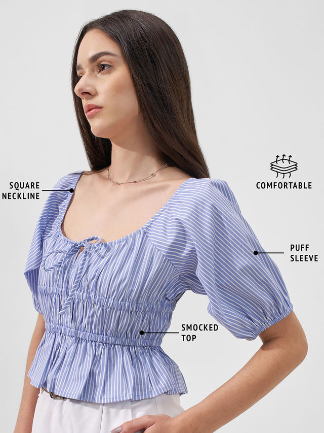 Tokyo Talkies Women Stripe Square Neckline Smocked Top - Buy at