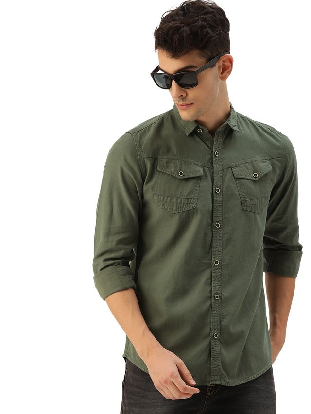 IVOC Men Olive Slim Fit Casual Shirts XXL
