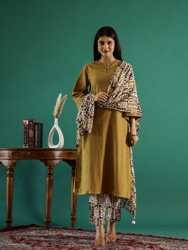Rangdeep Floral Printed Thread Work Kurta with Trouser & Dupatta for Women s | Mustard | L