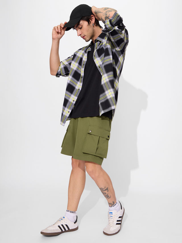 The Souled Store Men's Solids Cargo Shorts | Military Olive - L
