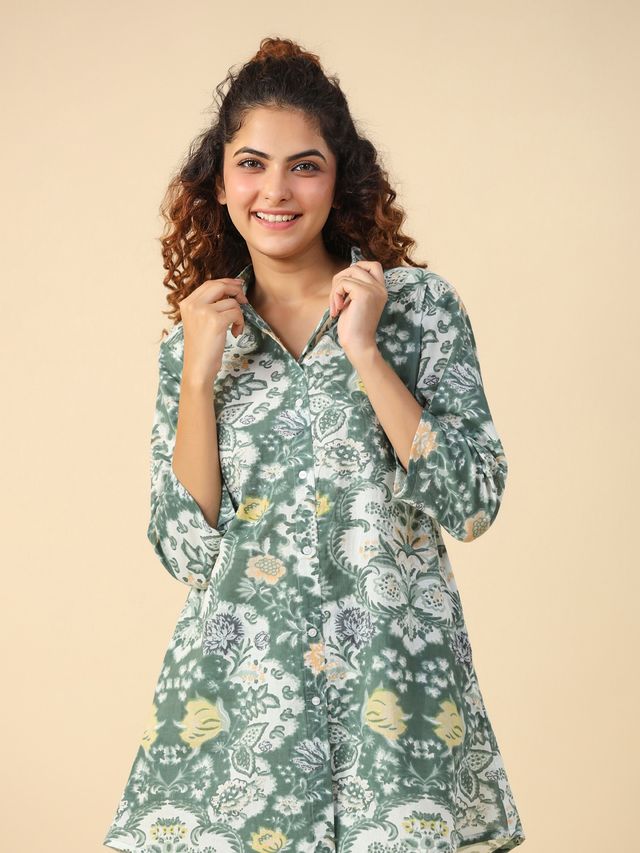 Sanskrutihomes Floral Printed Pure Cotton Night Suit | Green - White | S