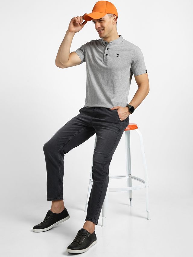 Urbano Fashion Men's Grey Melange Solid Mandarin Collar Slim Fit Half Sleeve Cotton T-Shirt-M