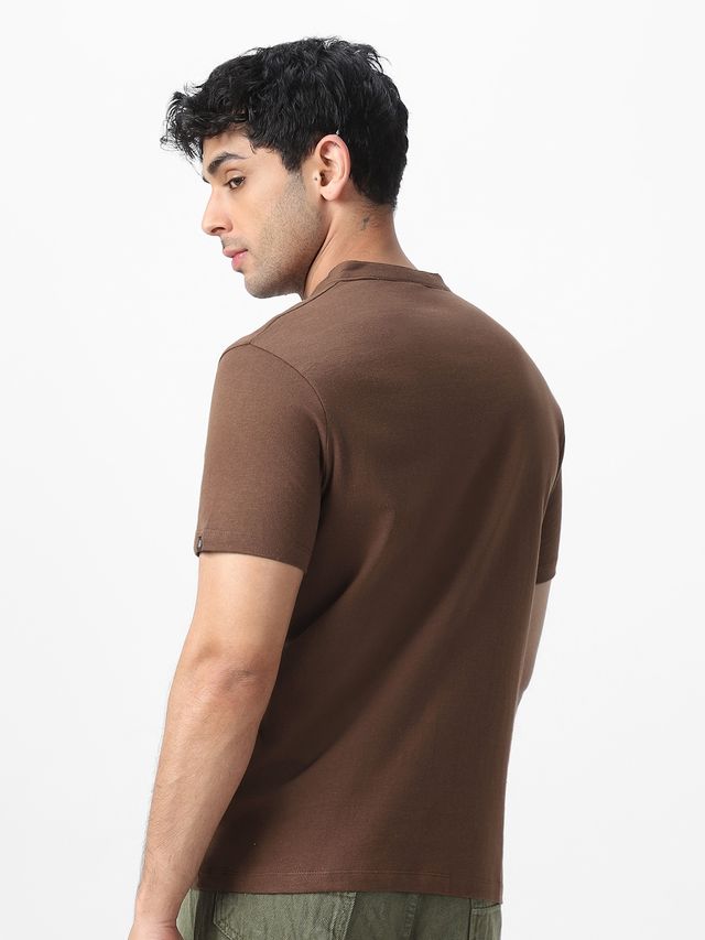 Urbano Fashion Men's Slim Fit Solid Mandarin Collar Half Sleeve Cotton T-Shirt | Cocoa Brown - XL