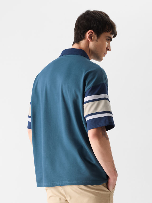 The Souled Store Men's Solids Colourblock Oversized Polo | Ocean Blue - M