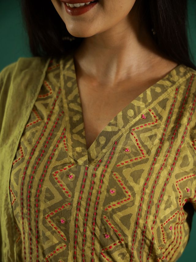 Rangdeep Geometric Printed Kantha Work Kurta with Trouser & Dupatta for Women s | Green | L