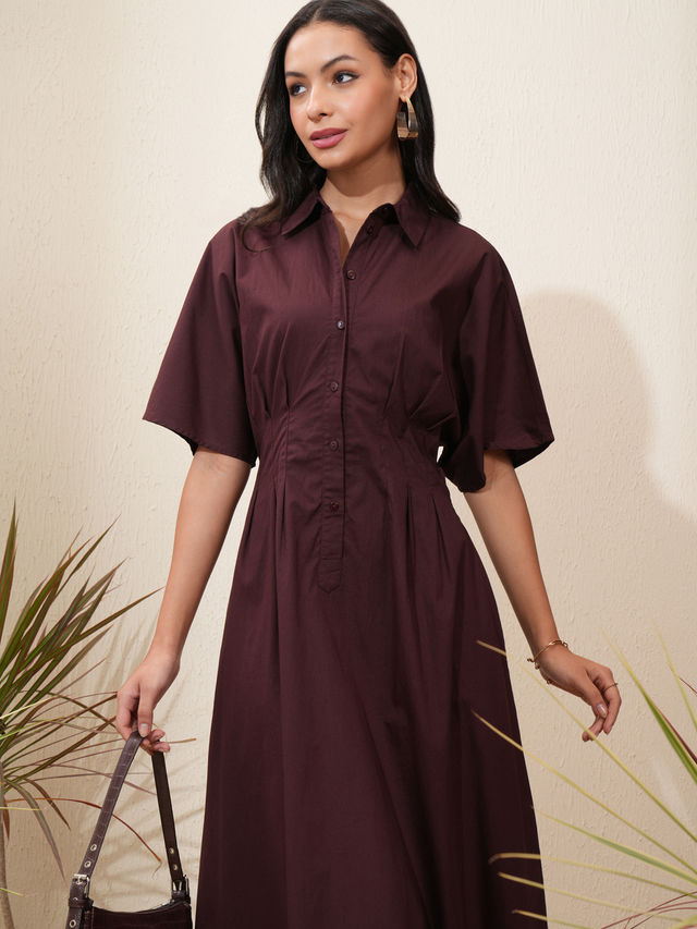 Tokyo Talkies Women's Fit and Flare Regular Sleeves Midi Dress | Brown - XL
