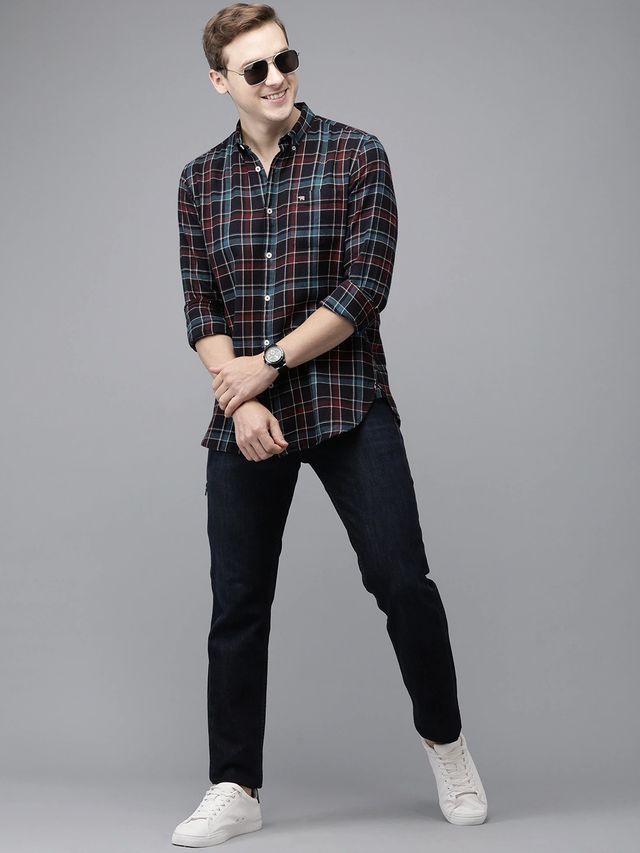 The Bear House Men Slim Fit Checked Button-Down Casual Shirt - Peru | Blue | L