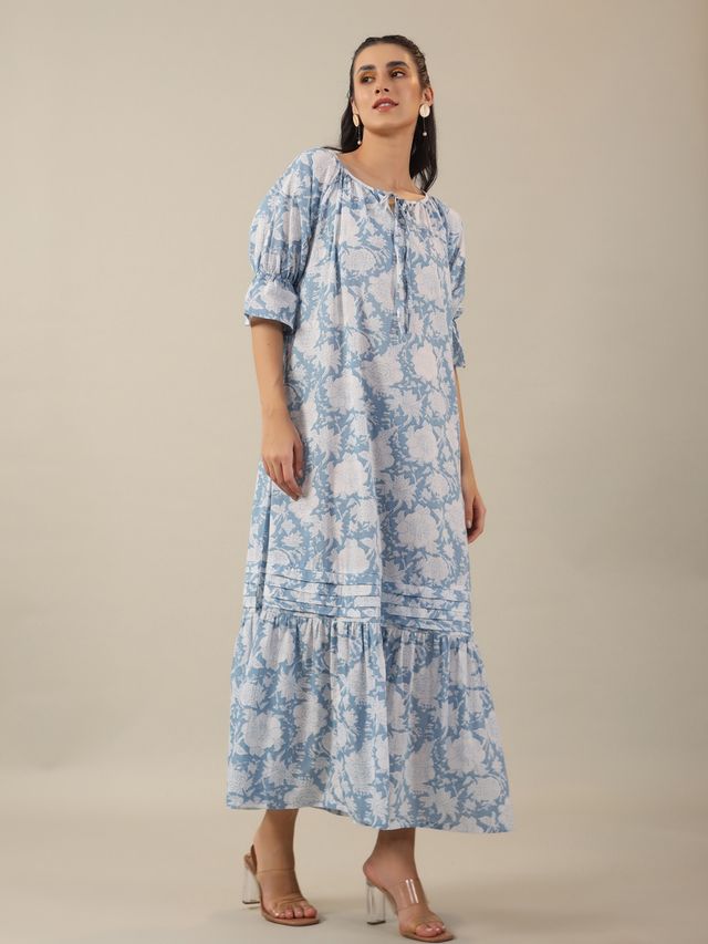Sanskrutihomes Floral Printed Tie-Up Neck Puff Sleeves Cotton A-Line Midi Dress - Women | Blue | L