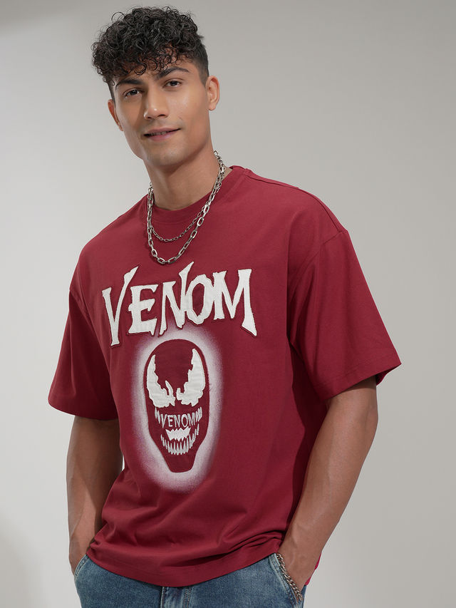 HIGHLANDER Men's Marvel Venom Round Neck Drop Shoulder Graphic Oversized Tshirt | Maroon - S