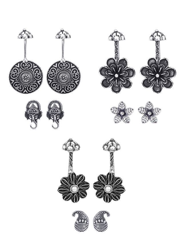 Yellow Chimes Combo of 3 Pairs Silver Oxidised Ear Cuffs