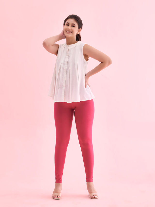 Go Colors Women's Solid Mid Rise Ankle Length Leggings | Fuchsia - M