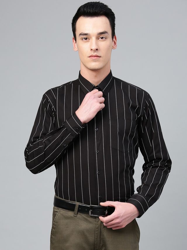 Hancock Men Black Striped Pure Cotton Slim Fit Formal Shirt-44