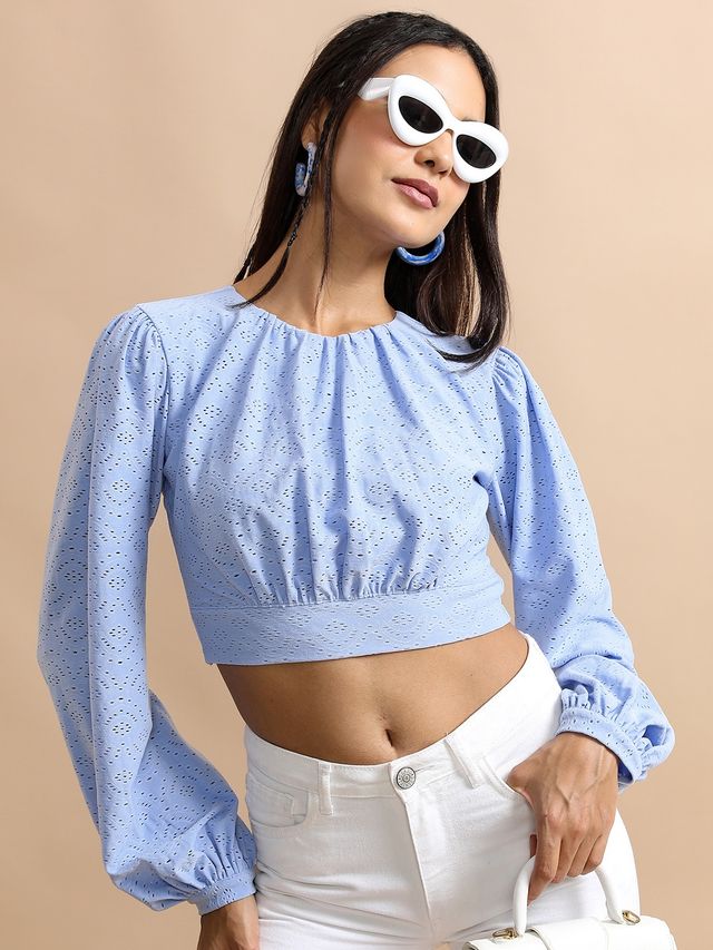 Ketch Women's Self Design Round Neck Crop Top | Blue - XL