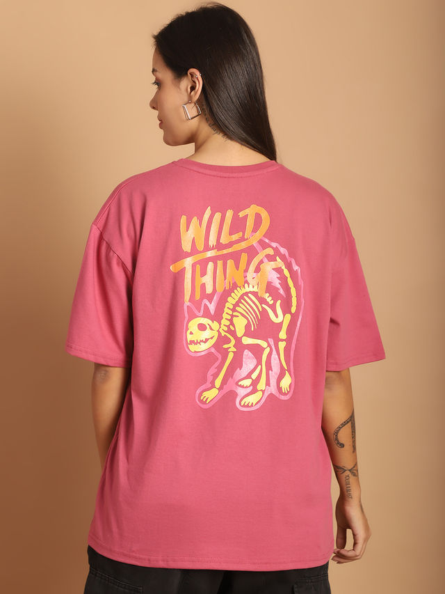 Fabflee Women Oversize Cotton Printed Round Neck Tshirt | Pink | FAB-OS-502 | L