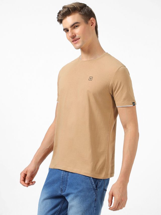 Urbano Fashion Men's Slim Fit Solid Round Neck Half Sleeve Cotton T-Shirt | Khaki - L