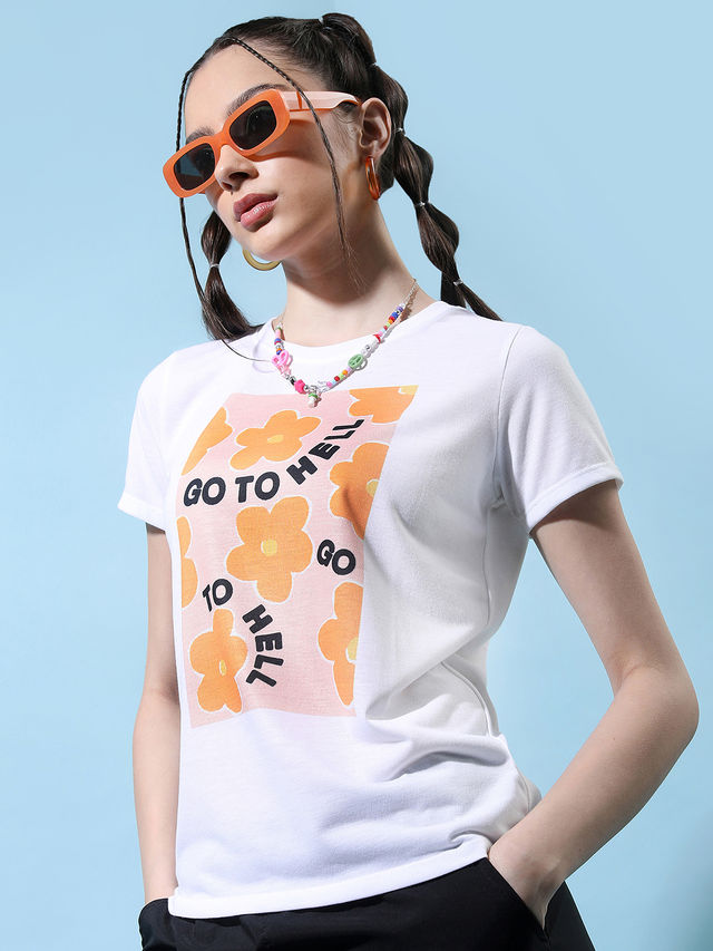 Tokyo Talkies Women's Floral Printed Round Neck T-Shirt | White - M