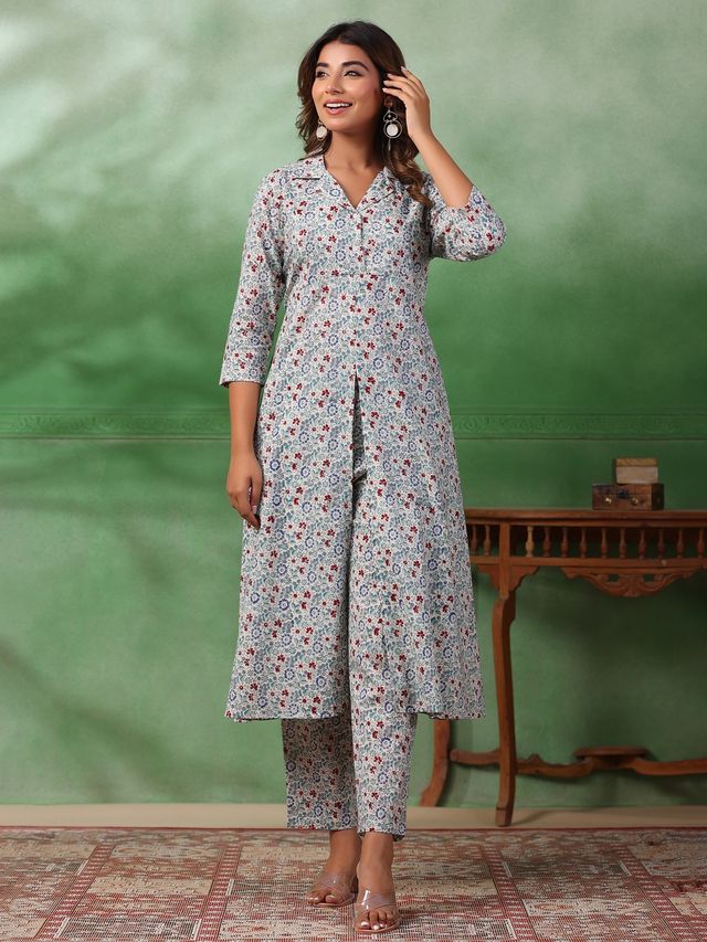 Rangdeep Floral Printed Regular Pure Cotton Kurta With Trousers | Women | Off White | XXL