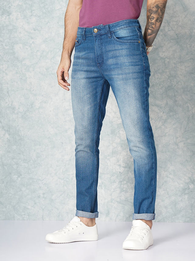 The Indian Garage Co Men's Slim Fit Solid Casual Jeans | Blue - 36