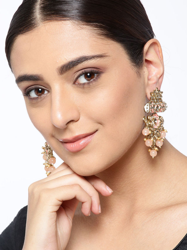 Priyaasi Gold-Plated Stone Studded Meenakari Earrings with Beads Drop in Peach Color