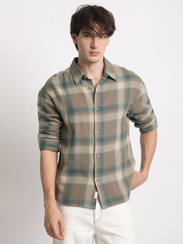 THE BEAR HOUSE Men's Checked Relaxed Fit Casual Shirt | TBH-BITON-BR | Brown - XXL