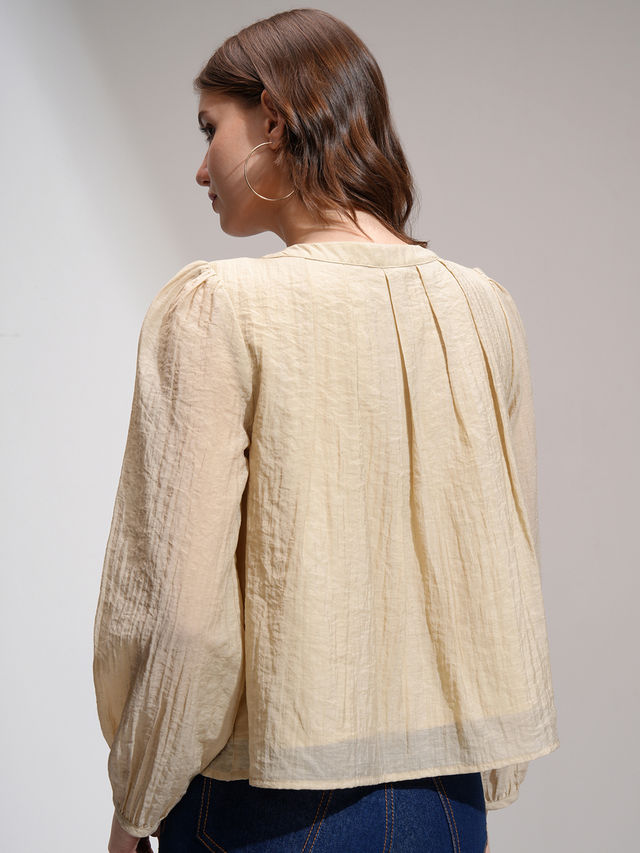 Buy Tokyo Talkies Women's Solid Bishop Sleeve Pleated Top | Khaki
