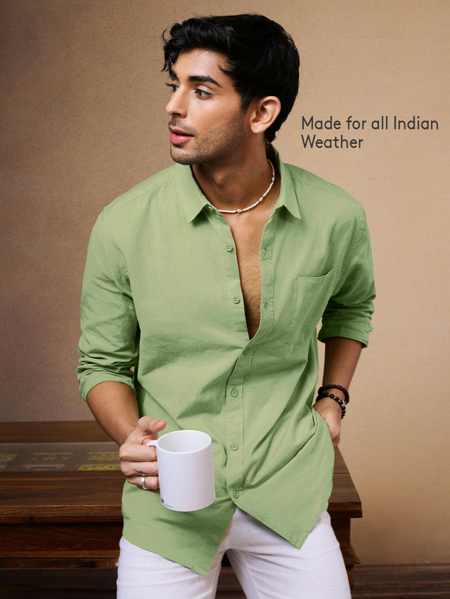 The Souled Store Men's Regular Cotton Linen- Pastel Lime Shirts | Green | M