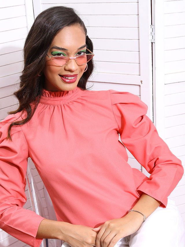 Tokyo Talkies Women's High Neck Puff Sleeves Top | Pink - S
