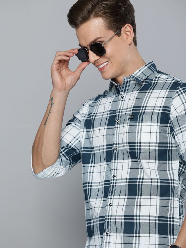 The Indian Garage Co Men's Slim Fit Checked Casual Shirt | White - S