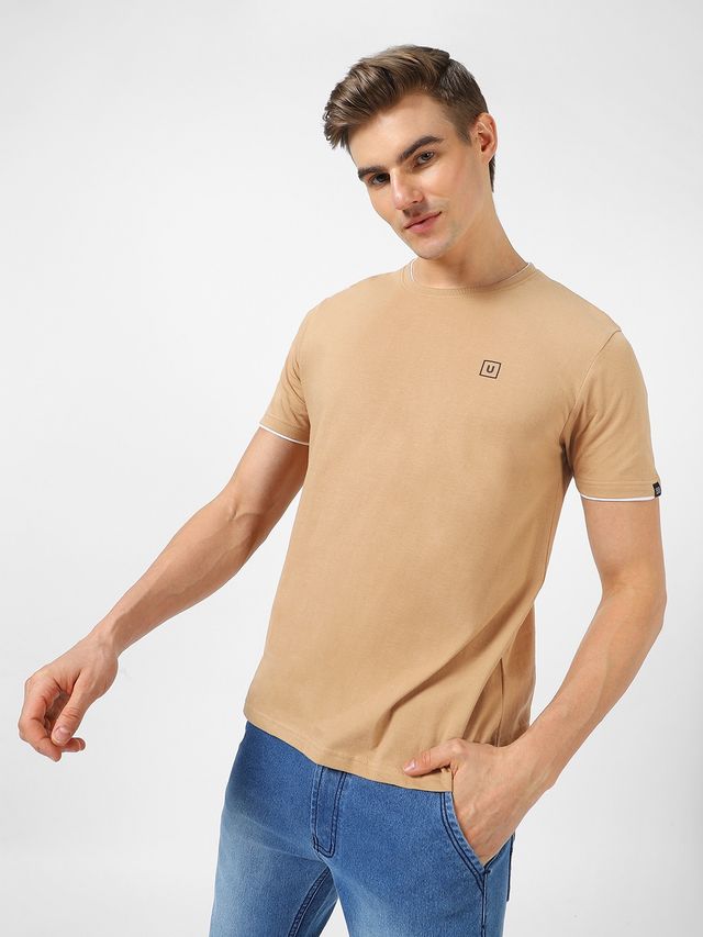 Urbano Fashion Men's Slim Fit Solid Round Neck Half Sleeve Cotton T-Shirt | Khaki - L