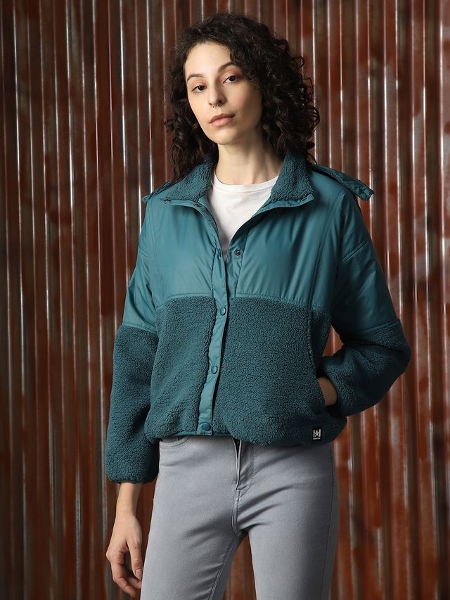 High Star Women's Self Design Shirt Collar Sweatshirt | Teal - S
