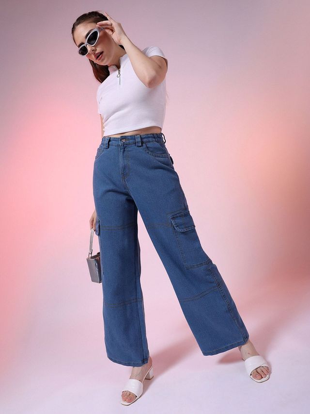 Freehand Women's Top Stitched Baggy Cargo Denim With Flap Pocket | Blue - 30