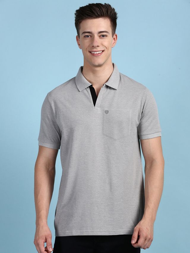 Lux Cozi Men's Solid Cotton Polo T-shirt with Pocket | Grey Melange - L