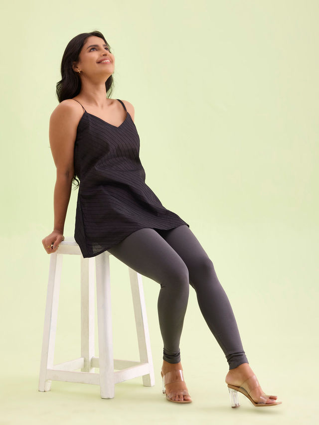 Go Colors Women's Solid Mid Rise Ankle Length Leggings | Silver Grey - L