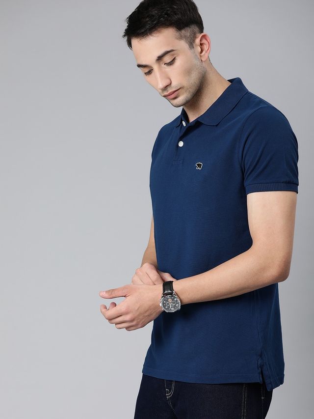 The Bear House Men Slim Fit Overdyed Polo T-shirt - Plot | Blue | L