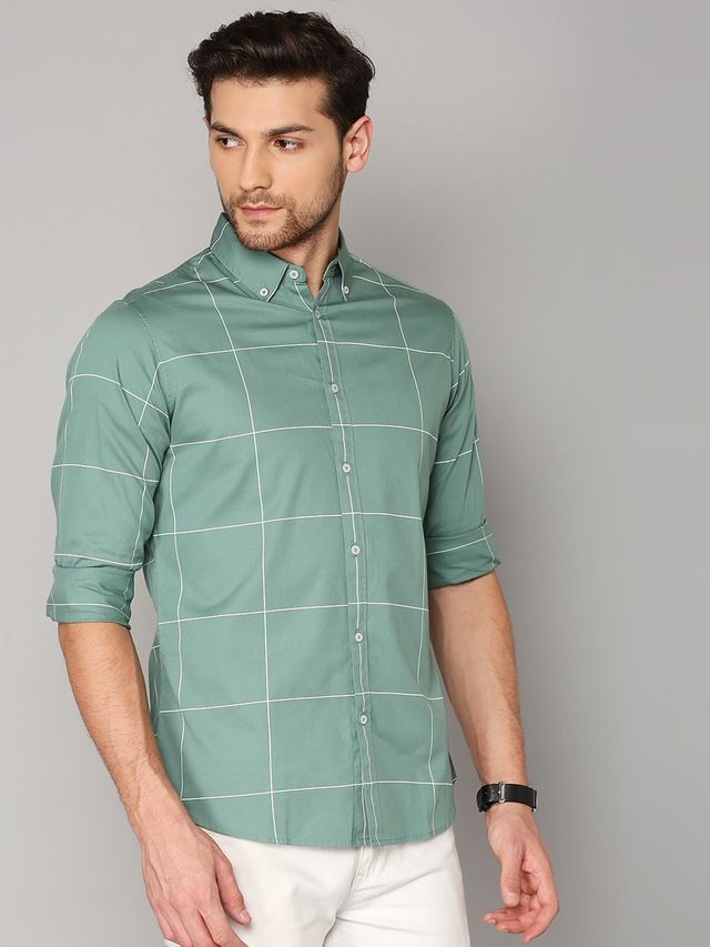 Dennis Lingo Men's Windowpane Checked Slim Fit Casual Shirt | Green | S