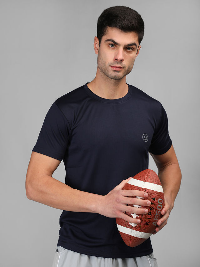 Chkokko Men's Solid Regular Fit Sports T-shirt | Navy Blue - L