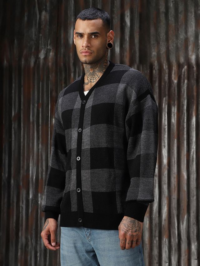 High Star Men's Checked Oversized Fit Cardigan Sweater | Grey - XL
