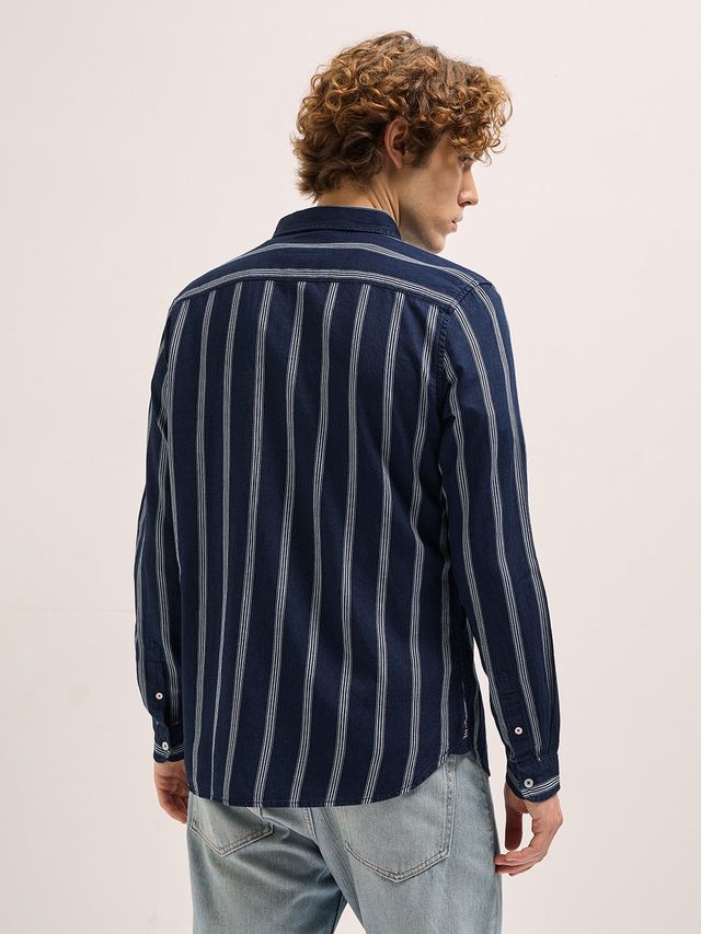 The Bear House Men Slim Fit Striped Casual Shirt - Murray | Navy Blue | XL