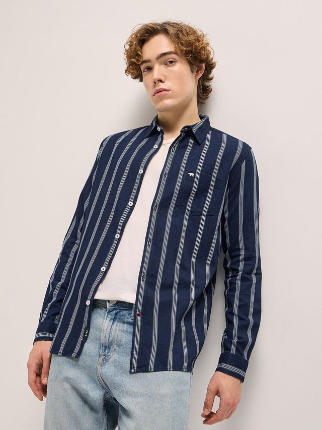 The Bear House Men Slim Fit Striped Casual Shirt - Murray | Navy Blue | XL