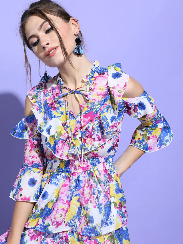 Tokyo Talkies Women's Floral Tiered Ruffled Dress | Pink And Blue - M