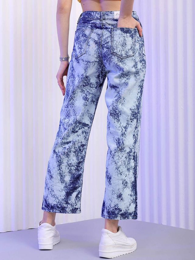 Freehand Women's Tie And Dye Wide Leg Denim Jeans | Blue - 34